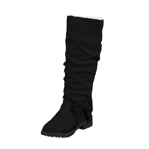 Black Womens Mid Calf Boots Knee High With Bow Detail Block Heel for Casual Winter Wear Available In Dark Shade Size 5.5