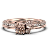 Unique 3 Stone Minimalist 1.05 Carat Round Cut Morganite Engagement Ring, Trilogy Ring, Wedding Ring in 925 Sterling Silver With 18k Rose Gold Plating, Bridal Set, Matching Band