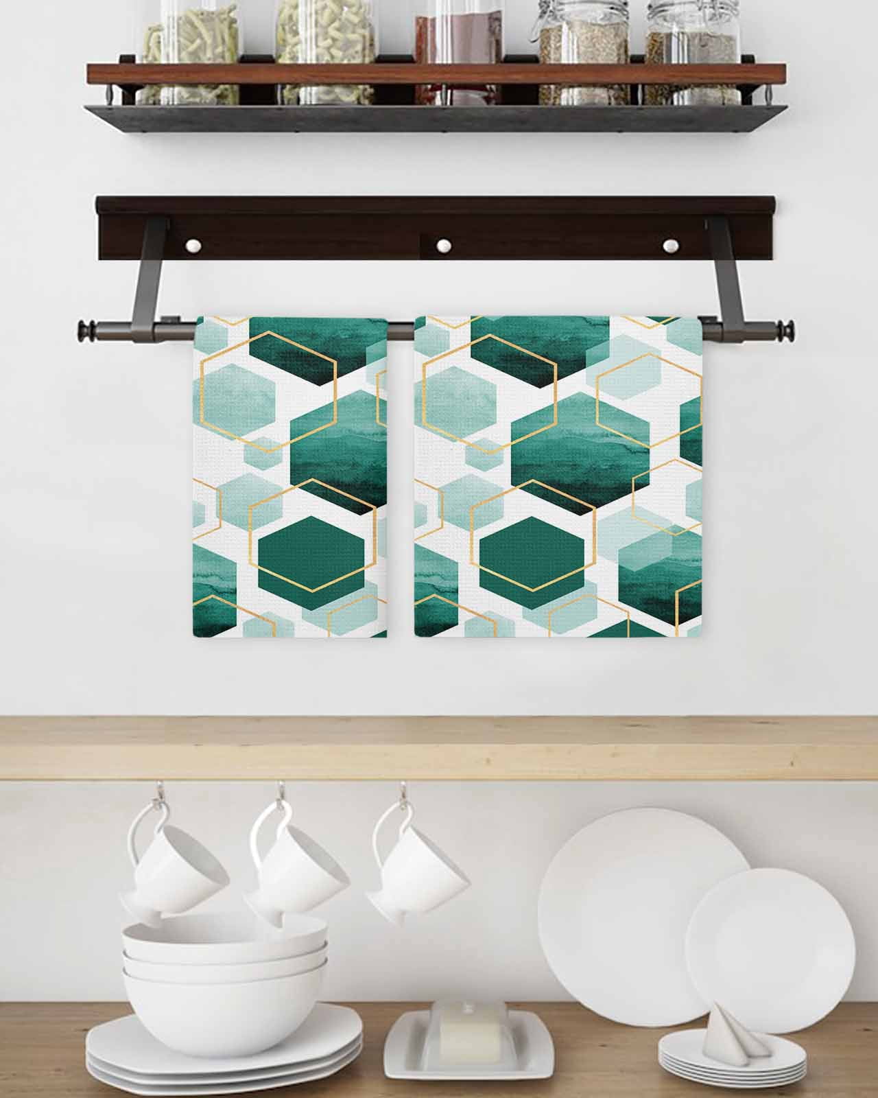 Turquoise Marble Kitchen Dish Towels for Drying Dishes Set of 2, Gold White Geometric Hexagon Modern Waffle Weave Microfiber Hand Tea Bathroom Towels Quick Dry & Absorbent Towel 15.7x23.6