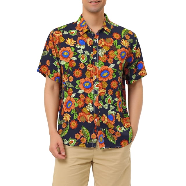 CAMISA HAWAIANA DE MANGA CORTA CON BOTONES PARA HOMBRE IMPRESA EN COLOR NEGRO Y AMARILLO TALLA XL