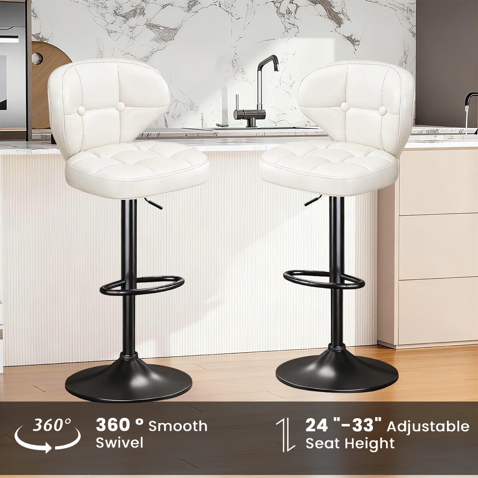 Bar Stools Set of 2, Adjustable Swivel Bar Chairs with 360° Rotation, Padded Counter Stools with Back and Footrest for Kitchen Island, Bistro, Cafe, and Home Use