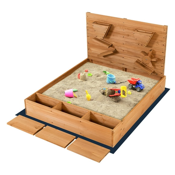 Costway Wooden Sandbox w/ Sand Wall & Cover & Bottom Liner for Kids Outdoor