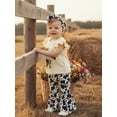 thumbnail image 6 of BemeyourBBs Toddler Baby Girls Western Cowgirl Outfits Spring Summer Clothes Cow Print Bow Flying Sleeve Tops with Bell Bottom Flare Pants Set Headband, 6 of 9