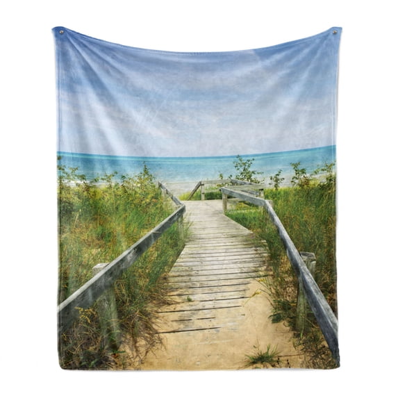 Seaside Soft Flannel Fleece Throw Blanket, Boardwalk over Dunes at Beach Pinery Provincial Park Ontario Canada, Cozy Plush for Indoor and Outdoor Use, 50" x 70", Sand Brown Fern Green, by Ambesonne