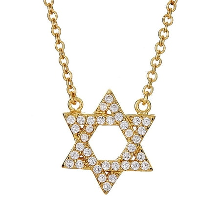 Simple Jewish Star Charm - Sterling Silver Pendant Necklace with CZ Pave Jewish Star of David Symbol Charm, Gold Rhodium Plated 925 Silver, Adjustable Chain Length 16