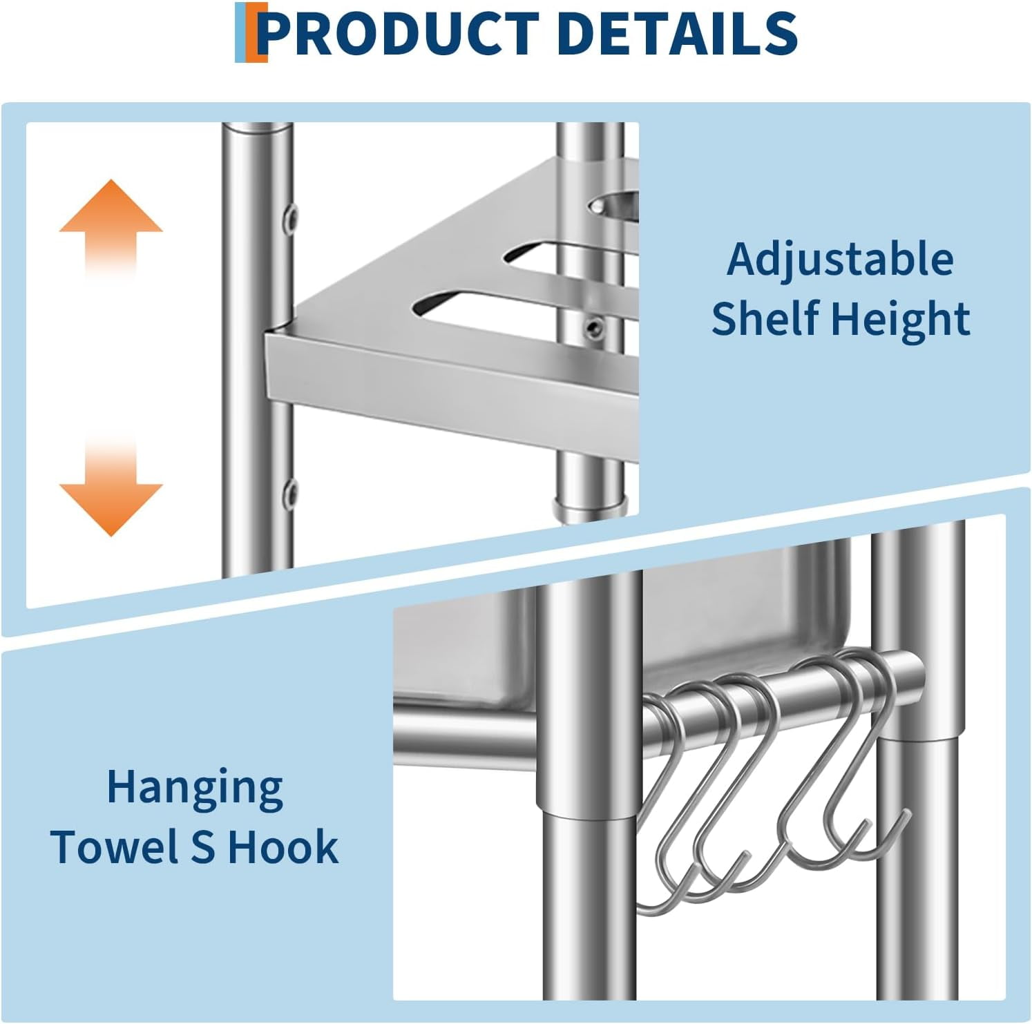 Rugerasy Stainless Steel Utility Sink,Free Standing Single Bowl Kitchen Sink,Adjustable Leg Height,w/Faucet,Hot and Cold Water Pipes,Commercial Laundry Tub,Hook,Storage Shelf for Indoor Outdoor