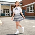 thumbnail image 2 of SAWOBUUN Girls' School Uniform Set Short Bubble Sleeve Button Down Shirt with Bow Tie and Plaid Pleated Mini Skirt - 3 Piece Outfit for Kids, 2 of 6