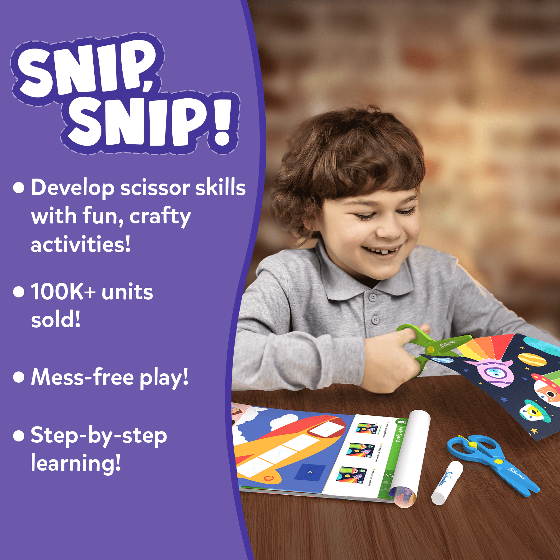 Skillmatics Snip, Snip! Scissor Skills Activity Book - Art & Craft Kit, 2 Child-Safe Scissors, 25 Fun Activities, Gifts for Girls & Boys Ages 3-7