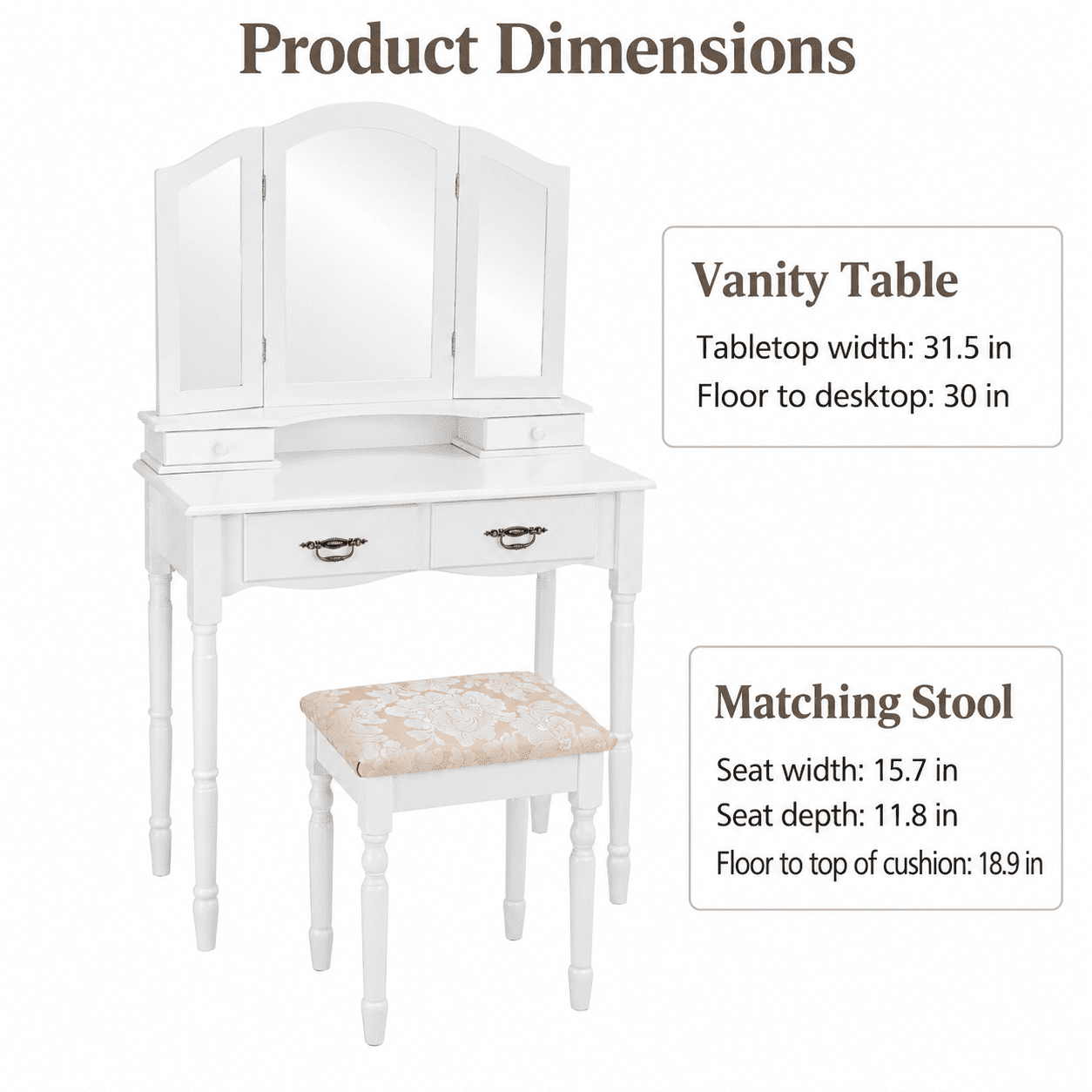Furnibear Makeup Vanity Table Set with Tri-Folding Mirror 4 Drawers Cushioned Stool and Wood Legs for Bedroom, White