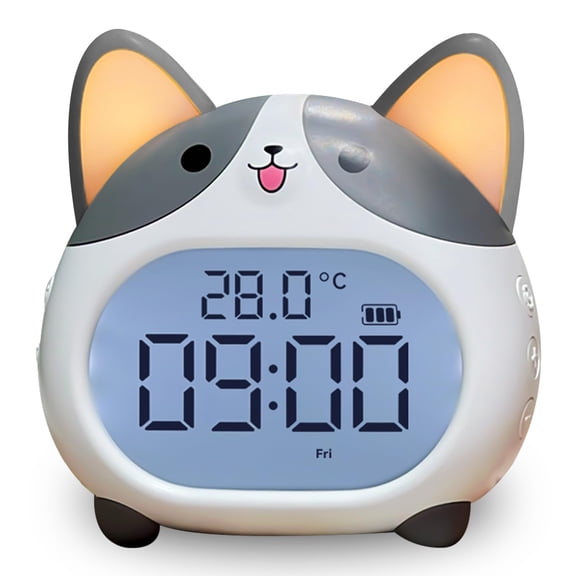 Kids Alarm Clock for Bedroom - Cute Dog Digital Clock with Night Light, 6 Alarm Tones, Snooze, Timer, Date & Temperature - Rechargeable Battery Operated Decorative Clock for Children
