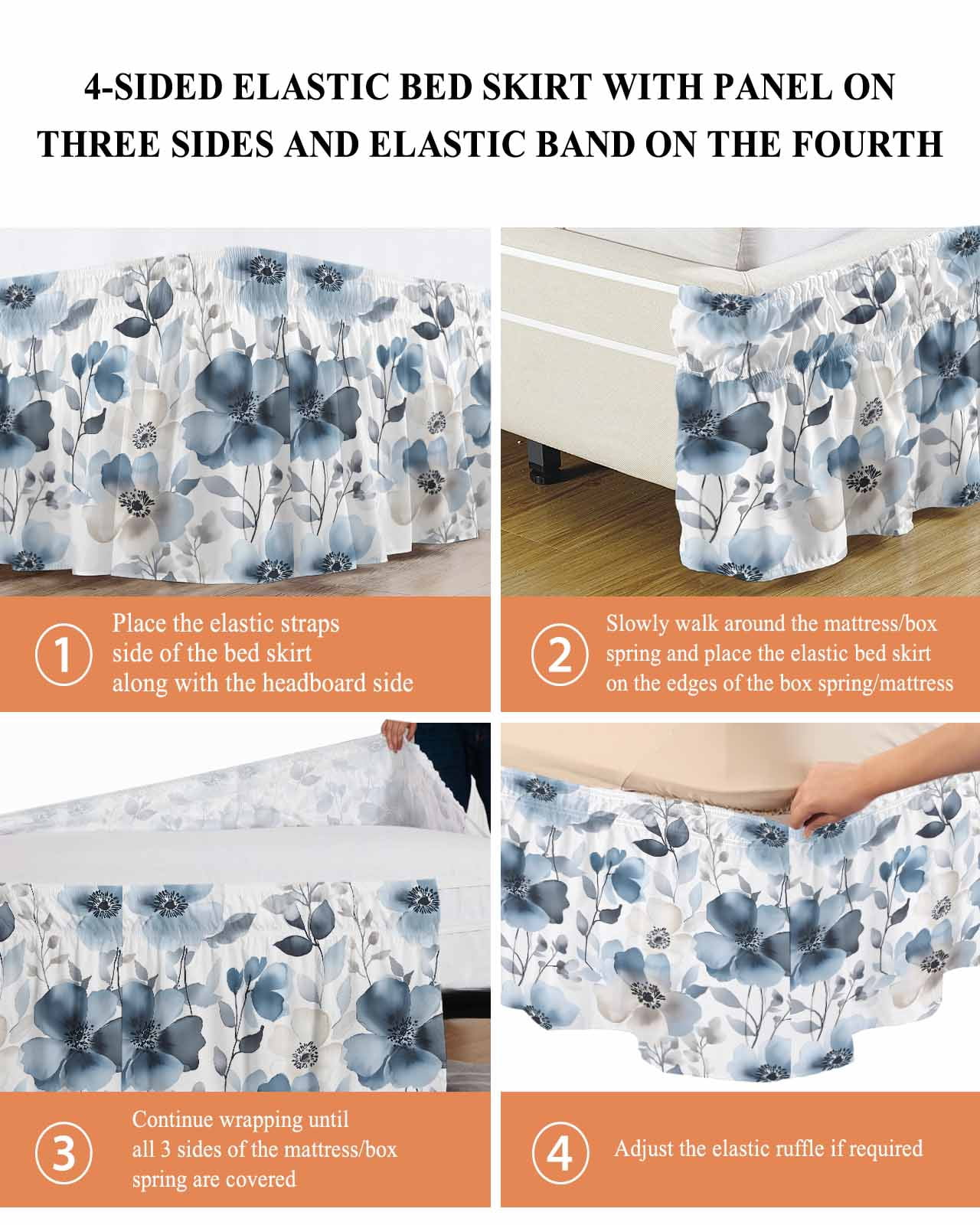 Vintage Blue Bed Skirt Queen Size 16 Inch Drop, Brown Watercolor Flowers Petals Abstract Art Wrap Around Dust Ruffle Bedskirts, Wrinkle & Fade Resistant Easy Fit Bedskirt with Adjustable Elastic