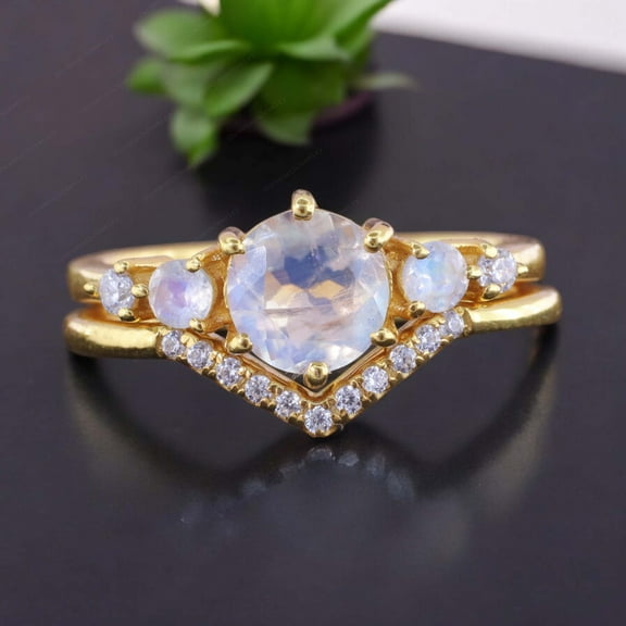 Vintage Moonstone Wedding Ring Set V Shape Diamond Proposal Band Alternative Fine Women Jewelry Anniversary Gift For Wife