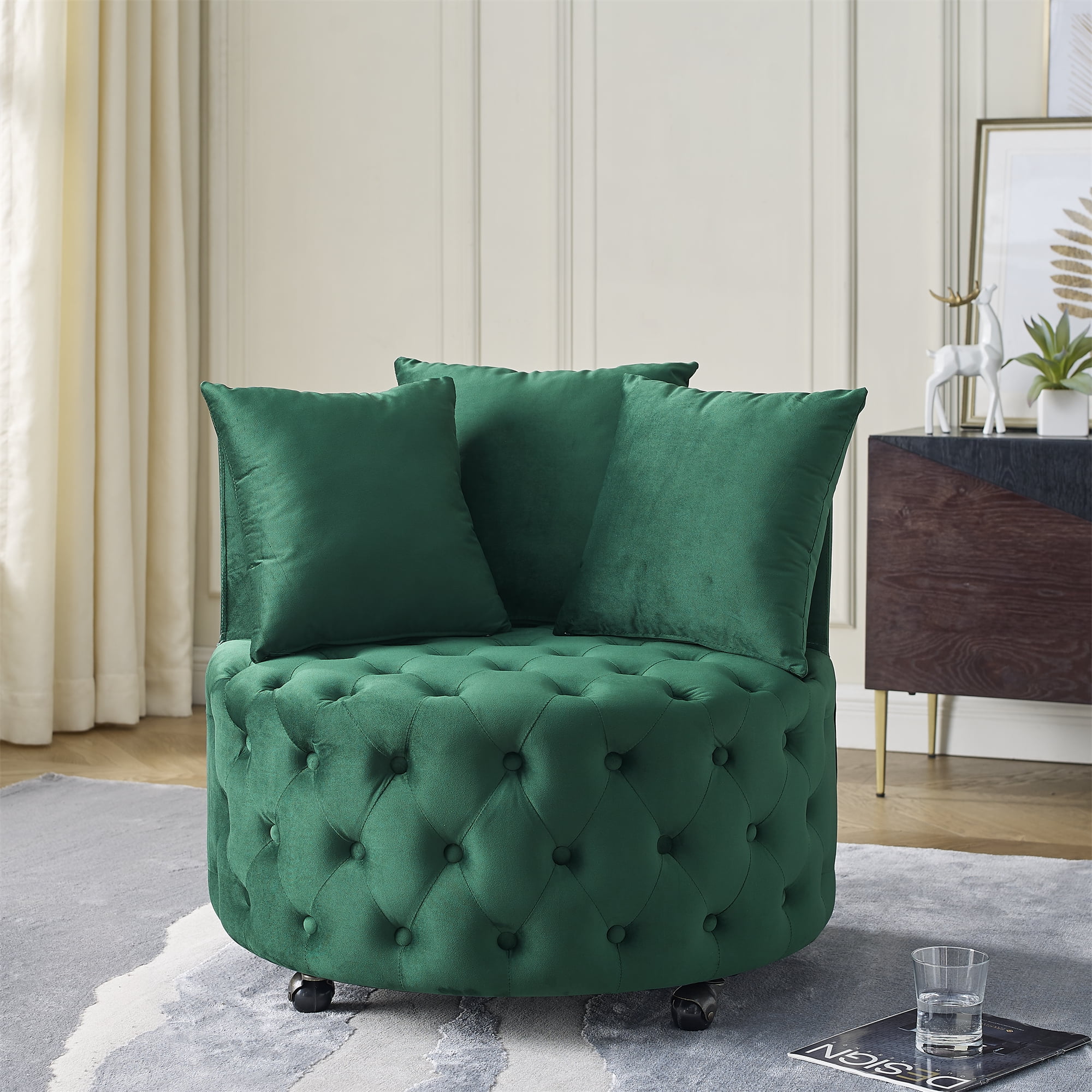 Gewnee Swivel Chair,Green Velvet Modern Glam Accent Chair with Tufted Design & 3 Pillows Included, 250LBS Capacity for Home Office Living Room Bedroom