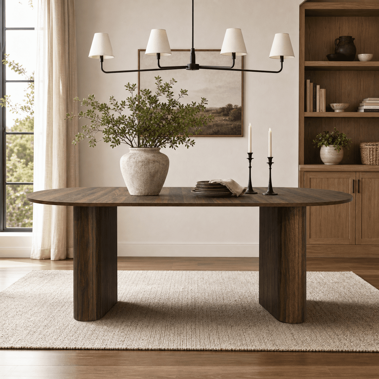 Oval Dining Table 70.87 Inch, Farmhouse Kitchen Table with Wood Strip Metal Base and Rounded Edges, Living Room and Reception Furniture, Walnut Brown