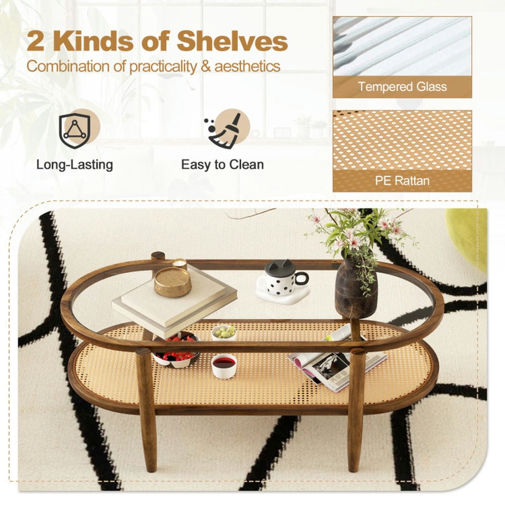 Finihen Coffee Table, Tempered Glass Coffee Table, 2-Tier Coffee Table with Tempered Glass Tabletop and Acacia Wood Frame, for Living Room, Reception Room, Brown Finihen Coffee Table, Tempered Glass Coffee Table, 2-Tier Coffee Table with Tempered Glass Tabletop and Acacia Wood Frame, for Living Room, Reception Room, Brown