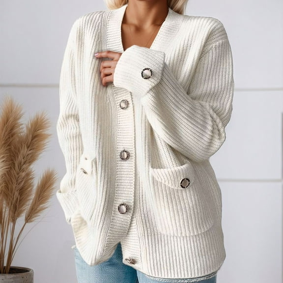 Womens Sweater Cardigan Jacket Butto Casual Solid Color Loose Cardigan Long Sleeved Sweater Jacket White M