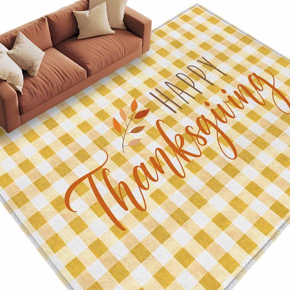 Happy Thanksgiving Area Rug 5x8 Washable Rug Non Slip Yellow Plaid Fall Botanical Maple Leaf Large Area Rug Soft Stainresistant Indoor Floor Carpet for Living Room Bedroom Home Office Dining Room