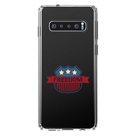 DistinctInk Clear Shockproof Hybrid Case for Samsung Galaxy S10+ PLUS (6.4 Screen) - TPU Bumper Acrylic Back Tempered Glass Screen Protector - USA Freedom Badge Red White & Blue