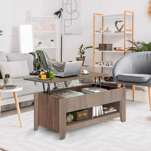 QRInnovations Lift Top Coffee Table with Hidden Compartment & 2 Storage Shelves - Living Room Dining Table with Rising Tabletop Lifttop Desk for Apartment, Home, Condo - Grey