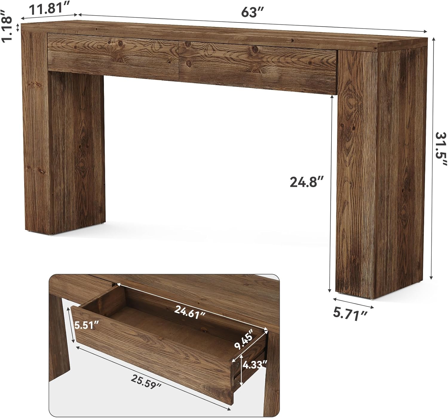 Tribesigns 63" Solid Wood Console Table, Large Entryway Table, Extra Long Sofa Table with 2 Drawers