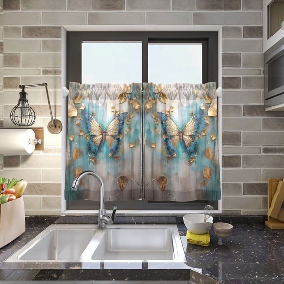 Butterfly Leaves Gold Kitchen Curtains Half Tier Curtain 2 Rod Pockets Bathroom Bedroom Cupborad Living Room 27"x24"