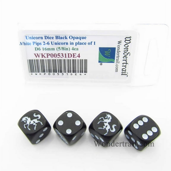 Unicorn Dice Black Opaque with White Pips D6 16mm (5/8in) Set of 4 Wondertrail