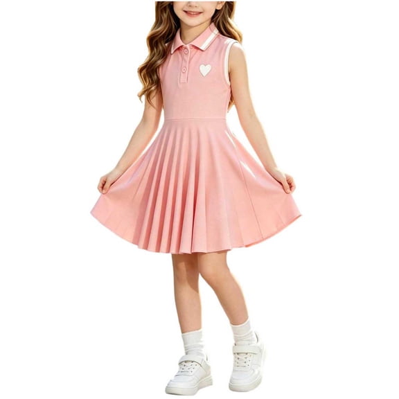 FAVIPT Girls Tank Dress Heart Sleeveless Lapel Collar Button Up Pleated Dresses Casual Cute Contrast Trim Preppy Sports Dress Pink,4-5 Years