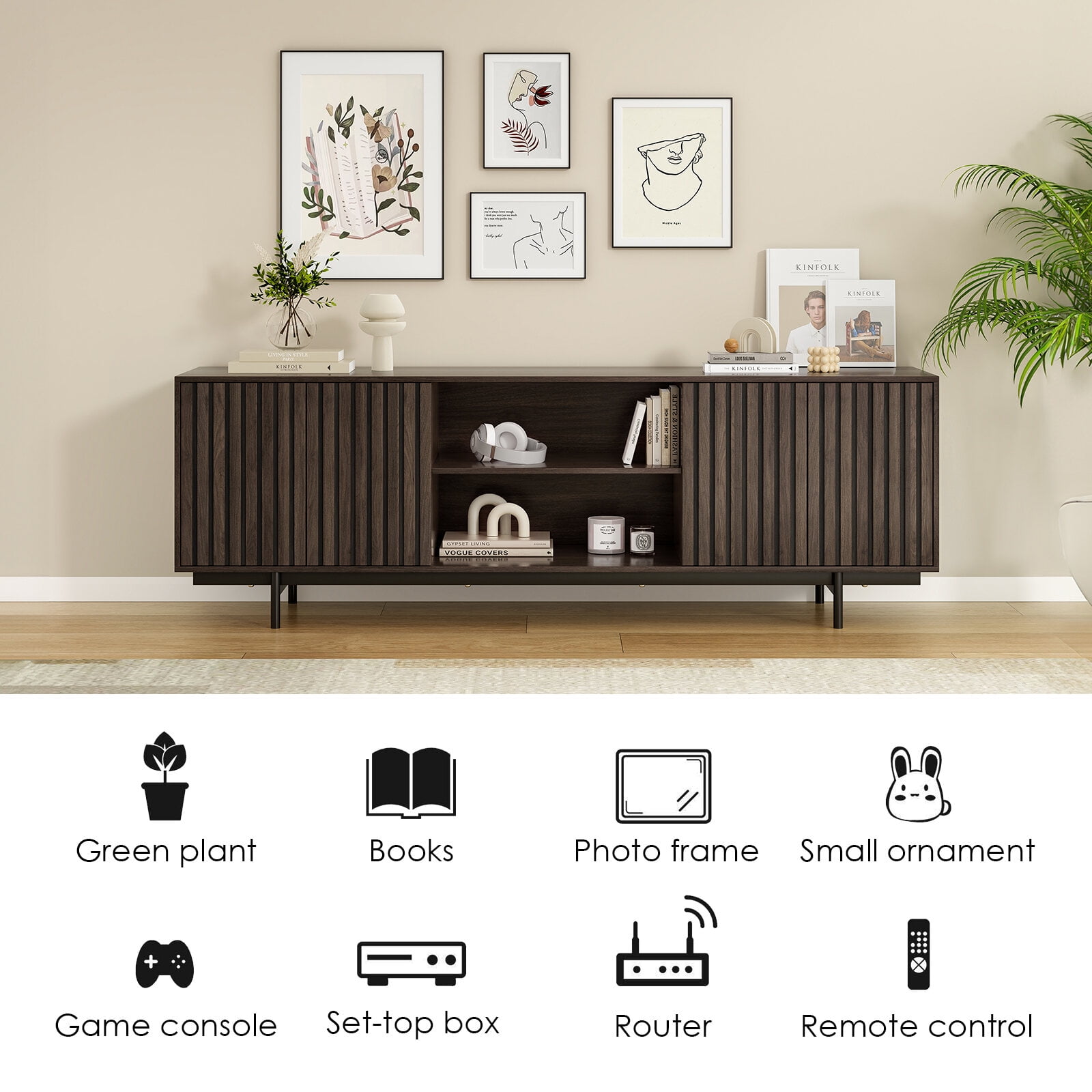 TV Stands With Storage Mid Century Modern TV Stand for TVs Up to 75", Farmhouse Fluted TV Stand, Retro Wood TV Stand with Storage and Shelf, Entertainment Center with Pop-Up Doors for Living Room, B