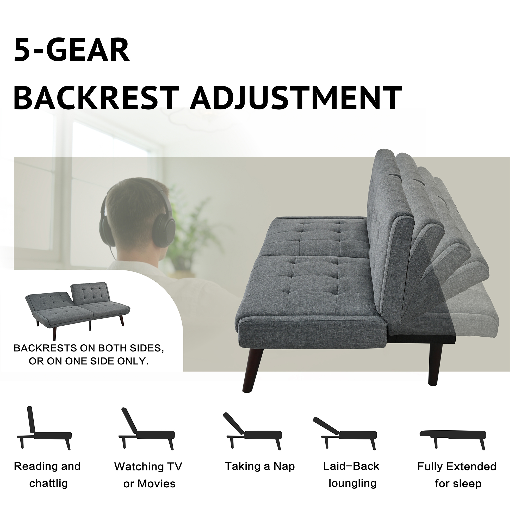 Gewnee 63 Inch 3-in-1 Linen Convertible Sofa Bed for Living Room, Apartment and Bedroom，Grey