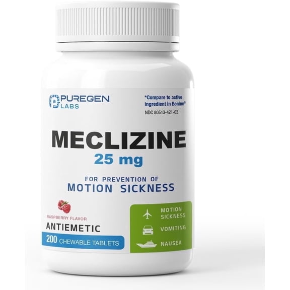 Puregen Labs Meclizine 25 mg Antiemetic Chewable Motion Sickness Relief, 200 Tablets