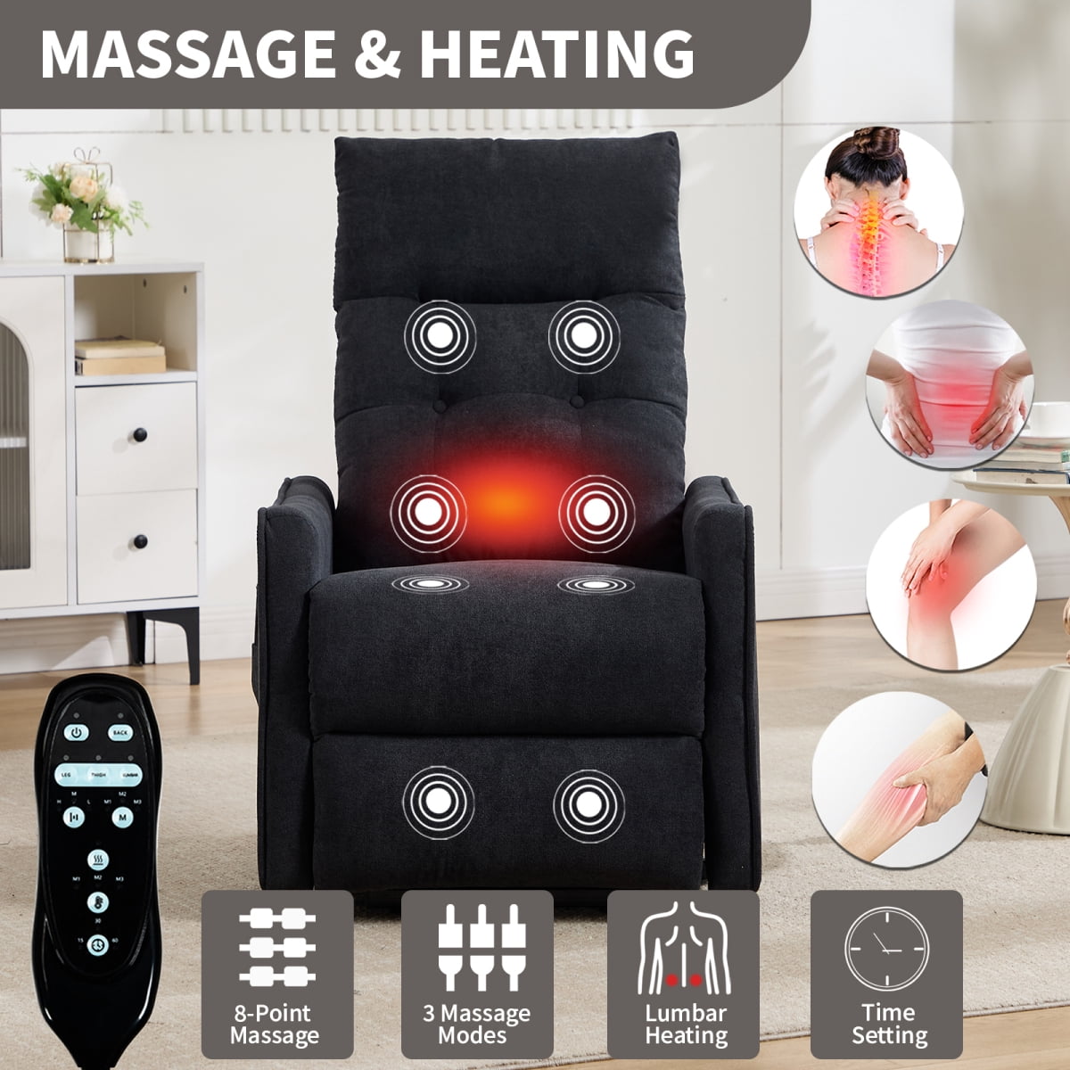 Black Chenille Single Motor Power Lift Recliner Chair with Massage and Heat for Elderly, Heavy Duty Motion Mechanism and One USB for Charging, Max Reclining Angle 155 °