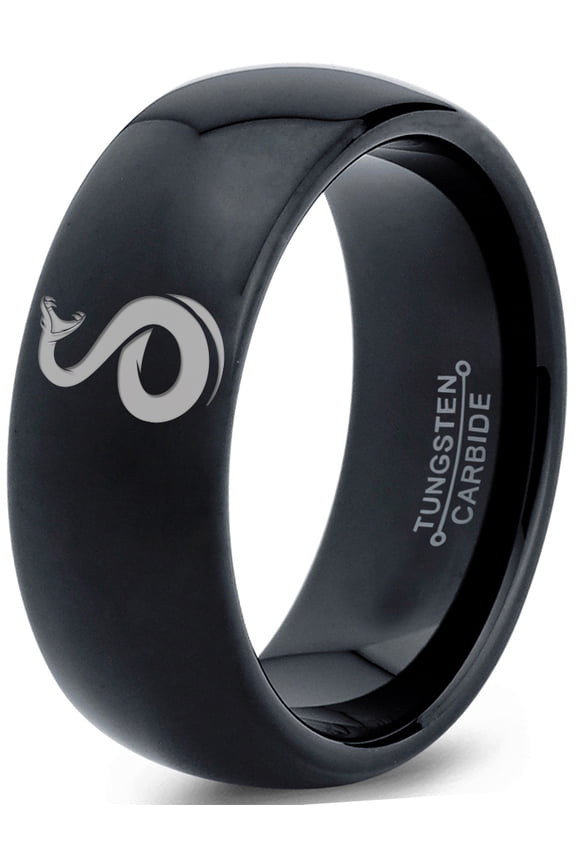 Tungsten Snake Serpent Slither Rattle Bite Band Ring 8mm Men Women Comfort Fit Black Dome Polished