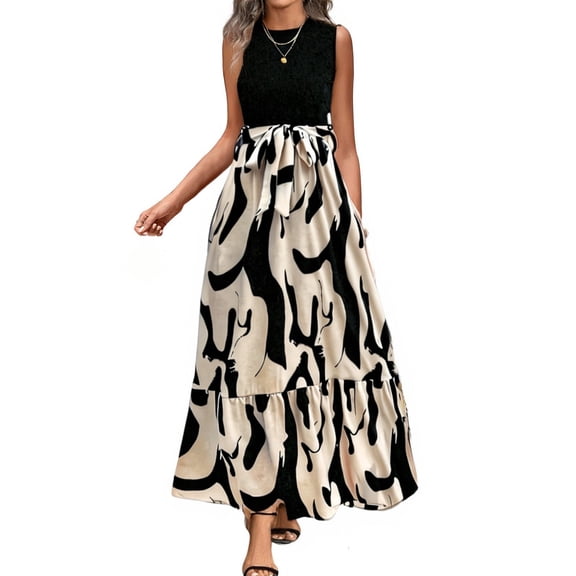 WTOBBY Women's Floral Print High Waist Fashionable Elegant Sleeveless Dress for Evening Parties and Special Occasions with Chic Design,Black L