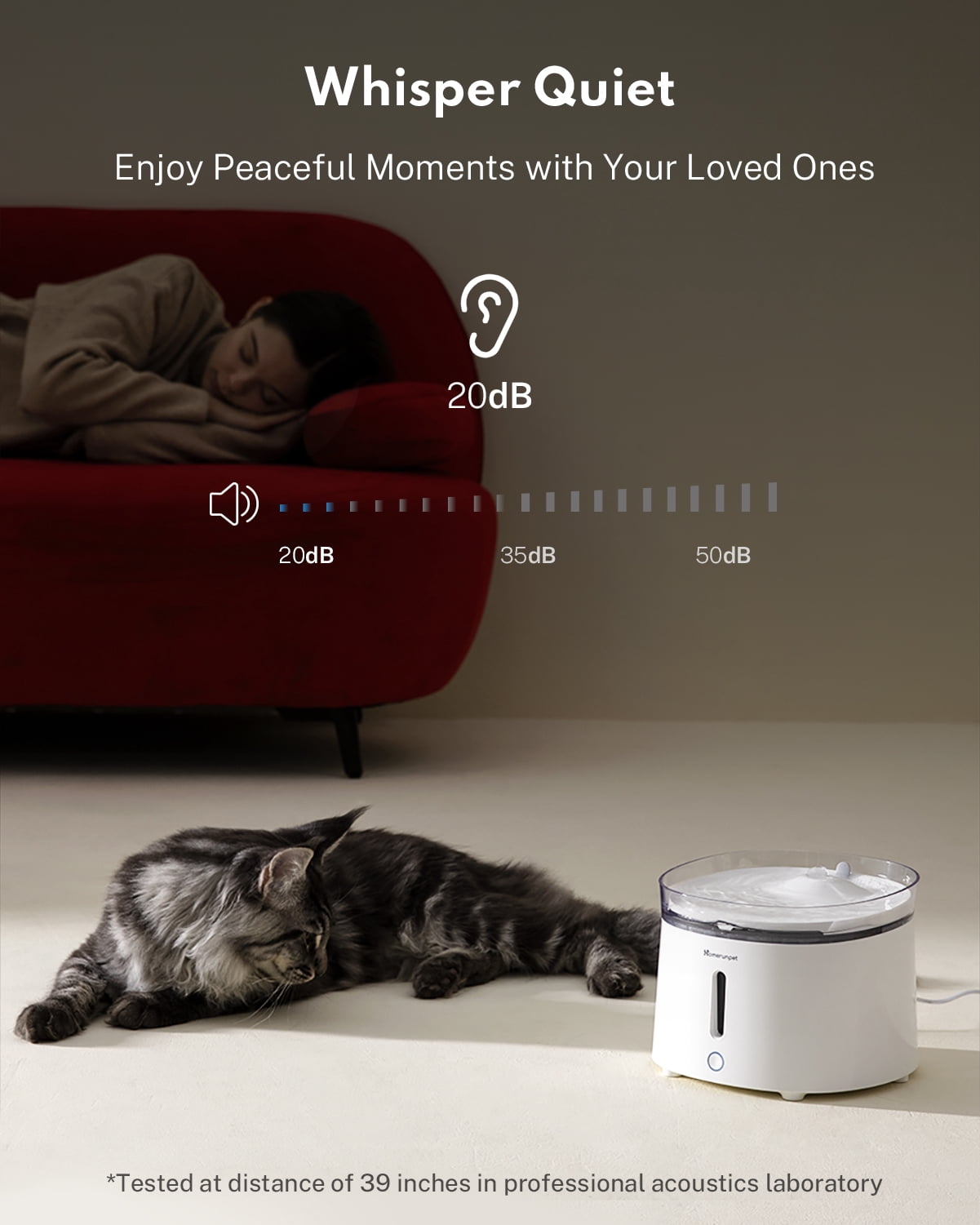 Homerunpet Silent Cat Water Fountain, 68 oz, Dog and Cat Water Dispenser, Ultra Quiet Wireless Pump