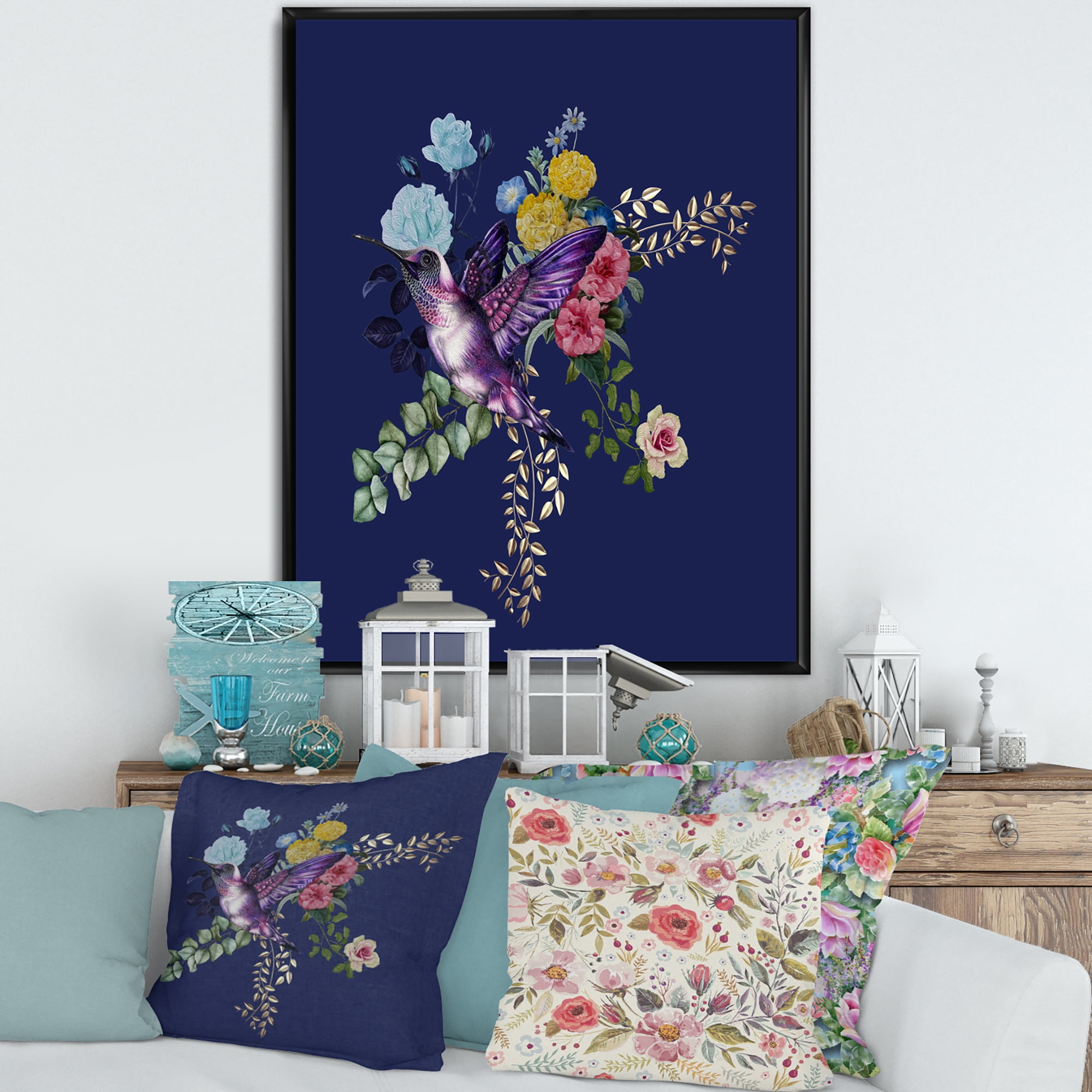 Designart 'Little Bird Sitting On Colourful Bouquet Of Wildflowers I' Traditional Framed Canvas Wall Art Print