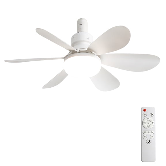 20 Inch Socket Ceiling Fan with Light & Remote Portable Screw-in Ceiling Fan with 3-Color LED Silent Fan Light for Small Rooms