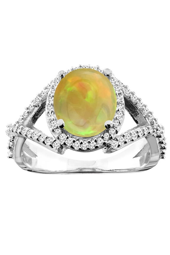 10K White Gold Diamond Natural Ethiopian Opal Engagement Ring Oval 9x7mm, size 5