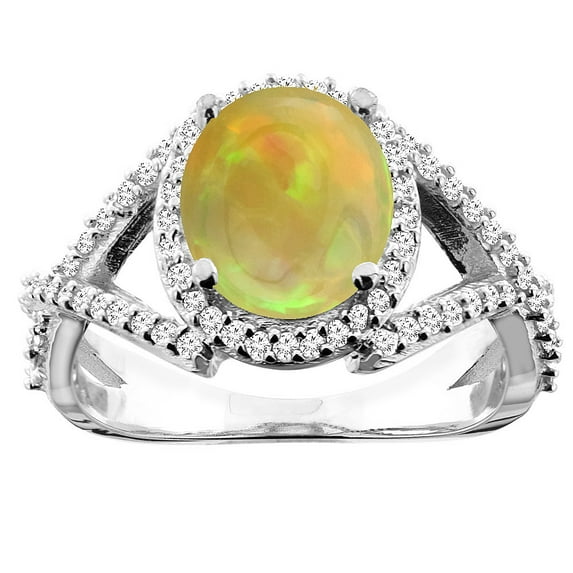 10K White Gold Diamond Natural Ethiopian Opal Engagement Ring Oval 9x7mm, size 6