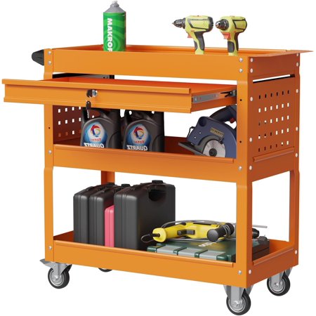 3 Tray Rolling Tool Cart, 330 lbs Capacity Metal Service Cart on Wheels, Utility Cart with Drawer and Lock, Tool Storage Cart for Garage Warehouse Workshop Repair Shop (Orange)