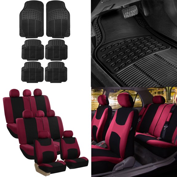 FH Group, 7 Seaters 3 Row Burgundy Seat Covers for SUV Van Combo with Black Floor Mats