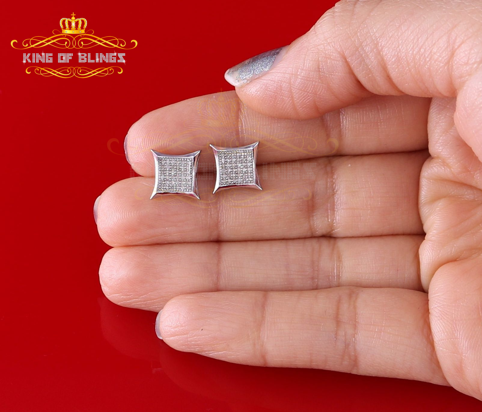 King of Bling's 0.20ct Diamond 925 Sterling Silver White Square Earrings For Men's / Women's