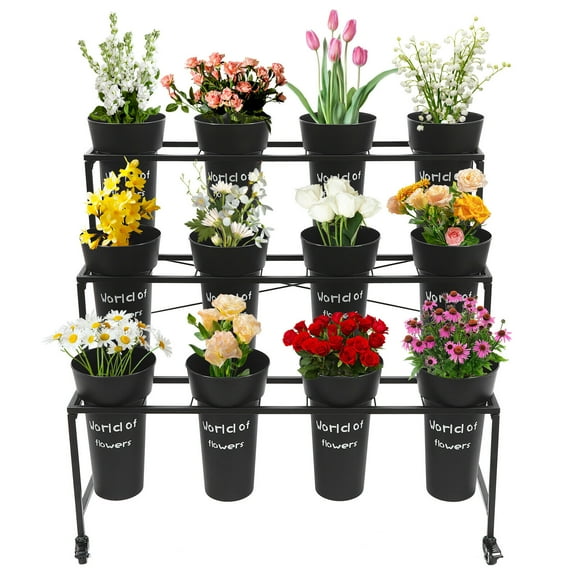 Flower Display Stand with 12 Buckets, 3 Layers Plant Stand with Wheels, 4 Wheels Moving Plant Cart Shelf ,Flower Cart for Patio Garden, Living Room, Florist
