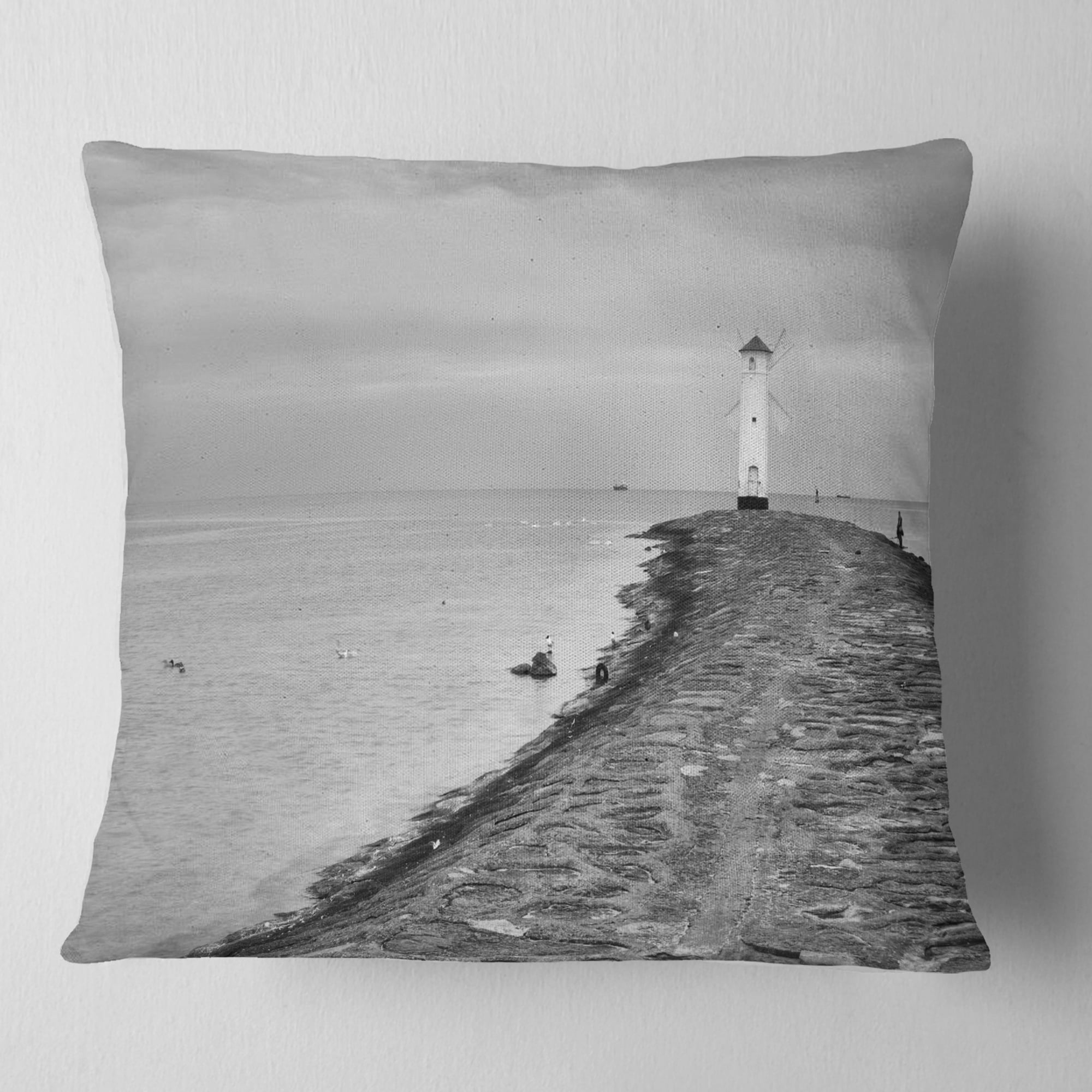 Designart Lighthouse Windmill Stawa Mlyny in Grey - Seascape Throw Pillow - 18x18