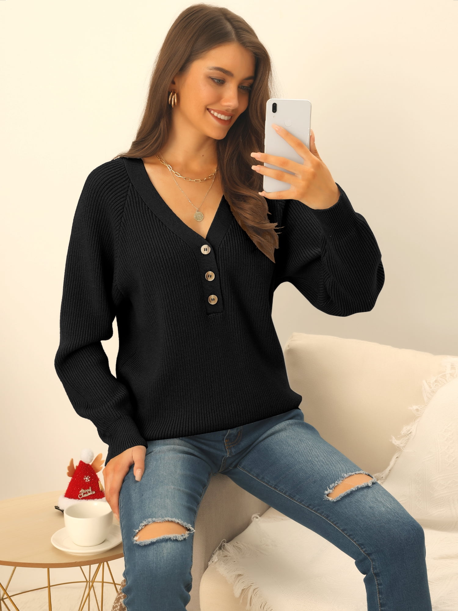 Women's V Neck Button Up Long Sleeve Ribbed Knit Loose Chunky Warm Pullover Sweater Top M Black