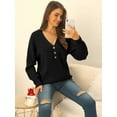 thumbnail image 3 of Women's V Neck Button Up Long Sleeve Ribbed Knit Loose Chunky Warm Pullover Sweater Top M Black, 3 of 6