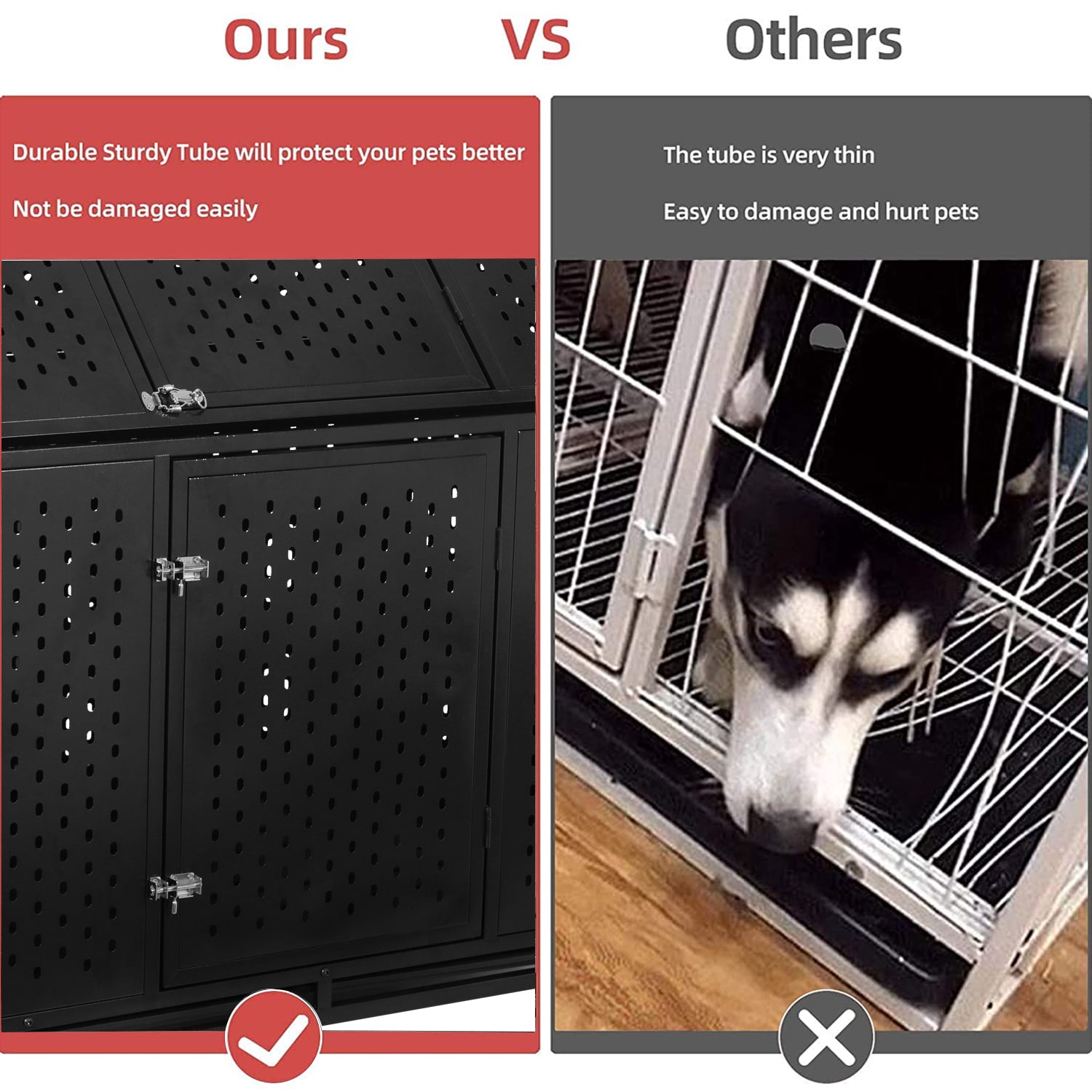 44 Inch Heavy Duty Indestructible Dog Crate with Wheels, Steel Escape-Proof Indoor Double Door High Anxiety Cage, Durable Chew-Proof Strong Kennel with Removable Tray for Large Medium Dogs