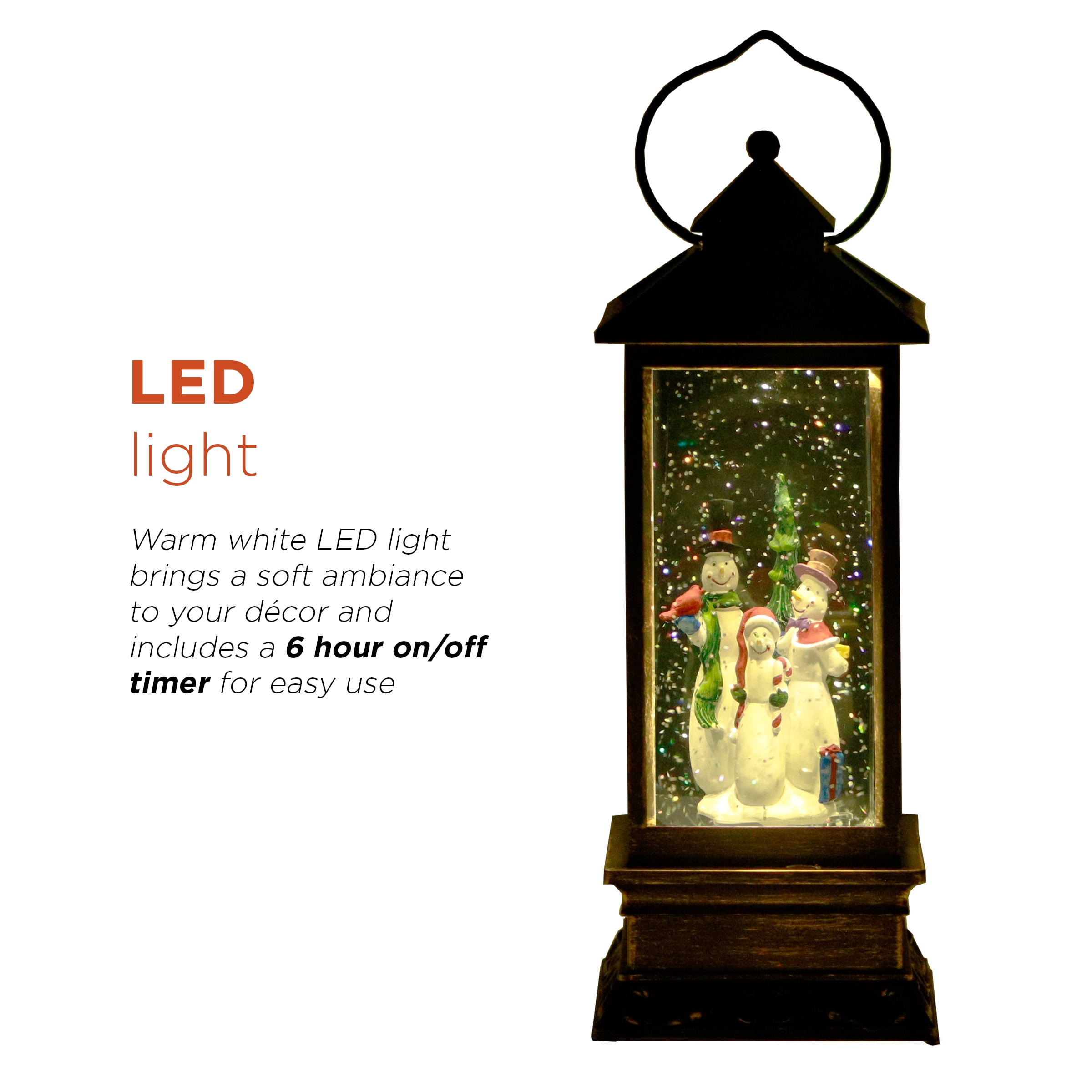 Alpine Corporation Lantern Snowman Snow Globe with LED Light, Brushed Bronze