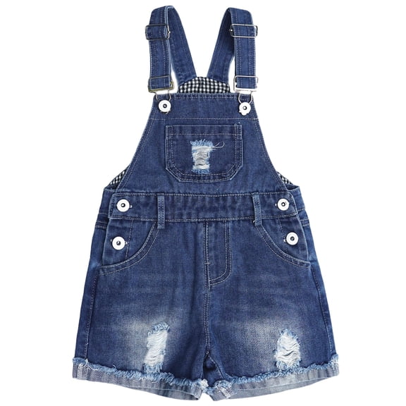KIDSCOOL Girls Denim Jeans Shortalls Jumpsuit Ripped Raw Hem Overall Shorts,Blue,11-12 Years