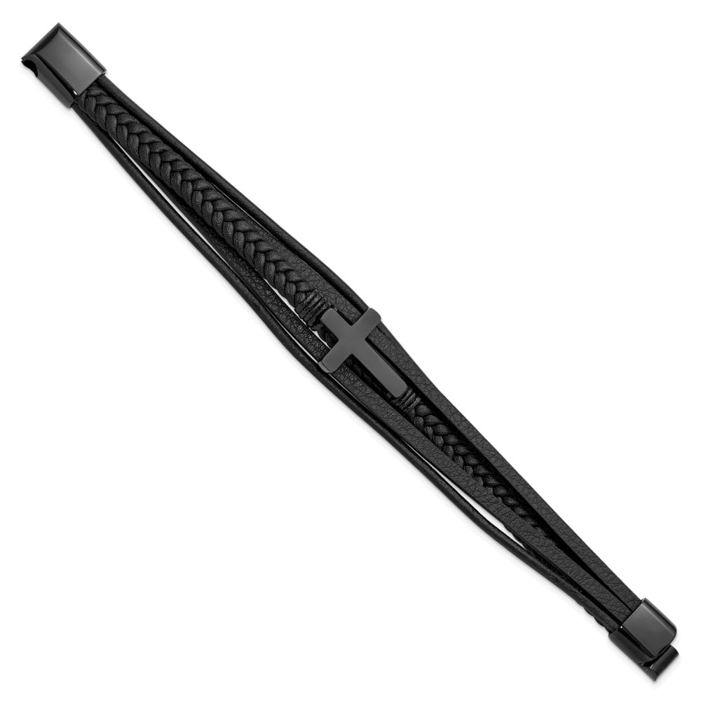 Diamond2Deal Stainless Steel Black IP-Plated Cross Black Polyurethane and Leather Multi Strand Bracelet for Men 8.75"