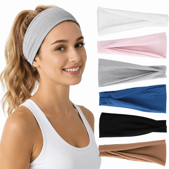 Headbands for Women 6 Pack - Wide Elastic Hair Bands, Stretchy Moisture-Wicking Sweatbands, Soft Thin Non-Slip Headbands for Washing Face, Workouts & Yoga